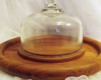 Glass cloche with teak platter / glass cloche /