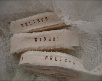 3  yards handstamped muslin ribbons, handstamped personalized ribbon, handstamped believe ribbon, wedding decor (Buy 2 get 1 free)