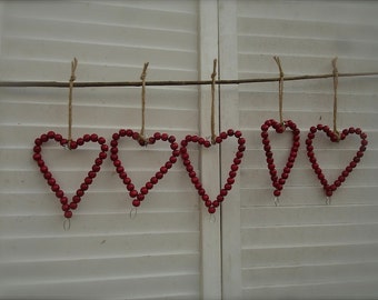 5 wooden beaded red heart ornaments, rustic wedding wooden heart ornaments with tags, valentines decor, wooden heart tags