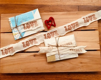 3  yards handstamped muslin ribbons, handstamped personalized ribbon, handstamped believe ribbon, wedding decor (Buy 2 get 1 free)