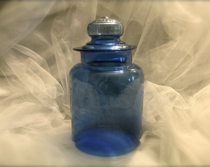 Vintage Large Blue Jar With Glass Lid, Blue Jars, Cobalt Blue Cookie