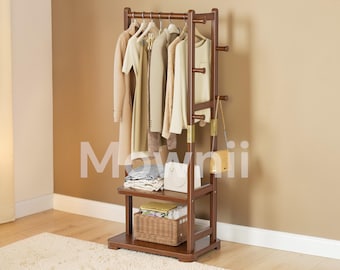 Solid Wood Coat Rack with Shelves and Hooks, Freestanding Hall Tree with Storage, Clothing Rack for Hallway Bedroom, Entryway Coat Stand