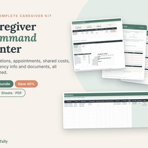 May include: A digital caregiver command center kit featuring five files in Excel, Sheets, and PDF formats. The text reads The Complete Caregiver Kit, Caregiver Command Center, Medications, appointments, shared costs, emergency info and documents.