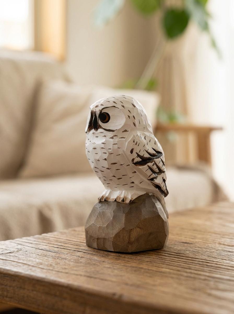 Hand Carved Wooden Snowy Owl Figurine &ndash; Rustic Woodland Animal Sculpture