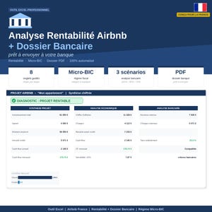 Peut inclure: Un outil Excel professionnel pour l'analyse de la rentabilité Airbnb, avec un dossier bancaire. Le document bleu et blanc présente des données financières, des graphiques et le texte "PROJET RENTABLE". Il comprend des sections pour la synthèse du projet, l'analyse économique et bancaire.