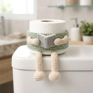 Handmade crochet toilet paper holder with dangling legs bathroom decor