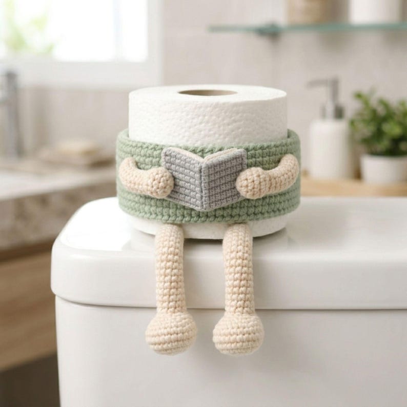 Handmade crochet toilet paper holder with dangling legs bathroom decor