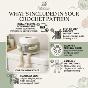 Cute crochet toilet paper holder character sitting on toilet roll