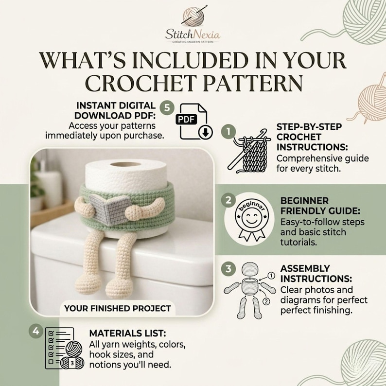 Cute crochet toilet paper holder character sitting on toilet roll