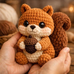 May include: A handmade crochet squirrel doll in shades of brown, cream, and tan, holding a small acorn. The doll has large black eyes and a fluffy tail. The squirrel is soft and cuddly.
