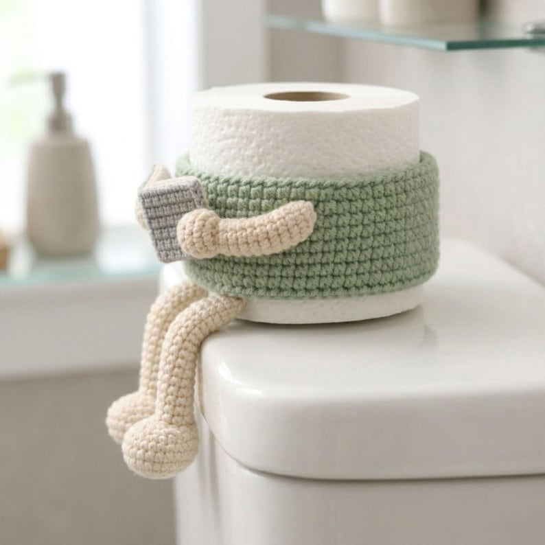 Crochet toilet roll holder pattern showing funny bathroom amigurumi toilet paper buddy