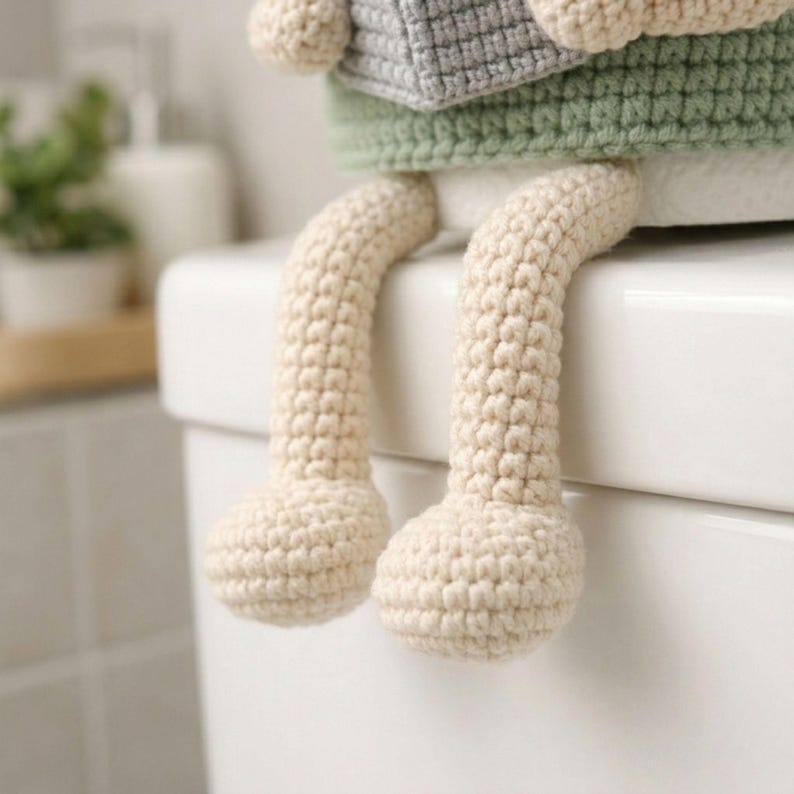 Funny bathroom crochet decor toilet paper buddy holding a small book