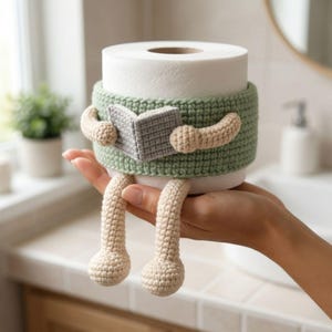 Crochet toilet roll holder cozy pattern designed for bathroom amigurumi decor