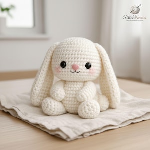 May include: A handmade, off-white crochet bunny with long, floppy ears. The bunny has black eyes, pink cheeks, and a pink nose and mouth. It is sitting on a beige cloth. The logo "StitchNexia" is in the upper right corner.
