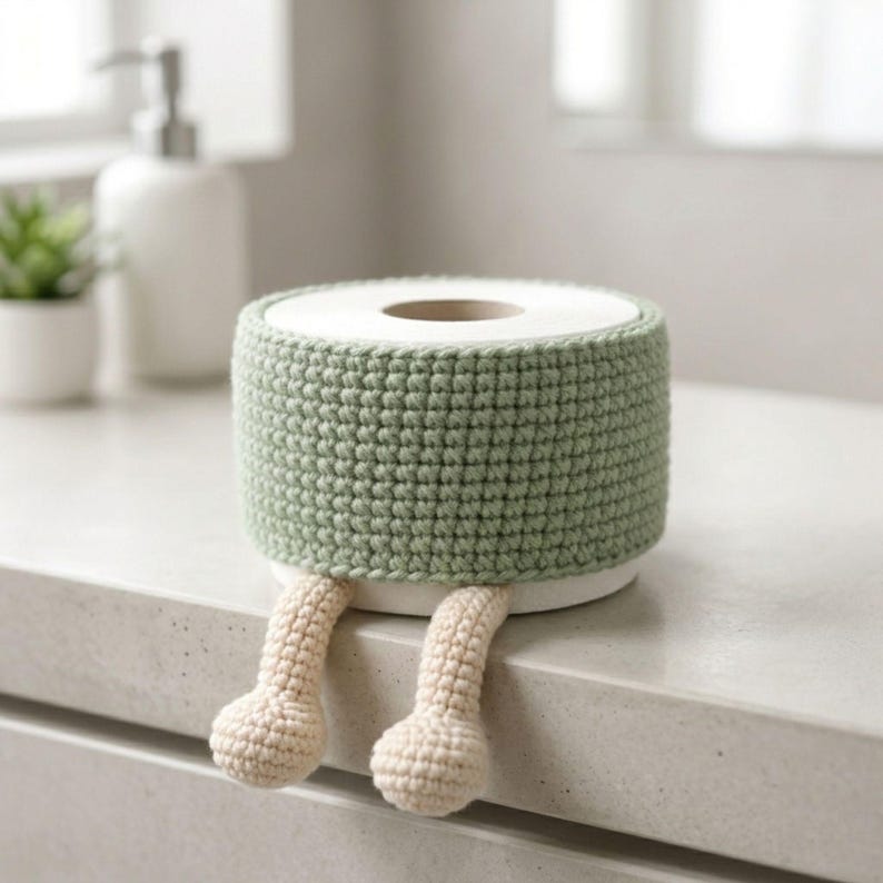 Amigurumi bathroom crochet holder designed to fit standard toilet paper roll