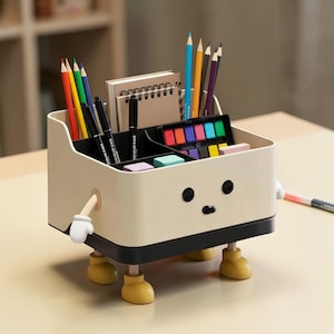 Op de afbeelding: Een beige bureau-organizer met een zwarte basis, gele voetjes en een cartoonachtig gezicht en armen. De organizer bevat pennen, potloden, een notitieblok en een aquarelverfset. De organizer is ontworpen om kunstbenodigdheden in op te bergen.