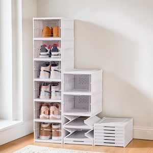 Foldable Shoe Storage Box | Stackable Sneaker Organizer | Clear Front Shoe Box | Dustproof Shoe Cabinet | Closet Storage | Space Saving Rack