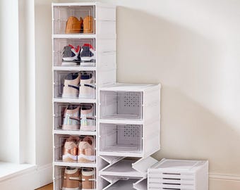 Foldable Shoe Storage Box | Stackable Sneaker Organizer | Clear Front Shoe Box | Dustproof Shoe Cabinet | Closet Storage | Space Saving Rack