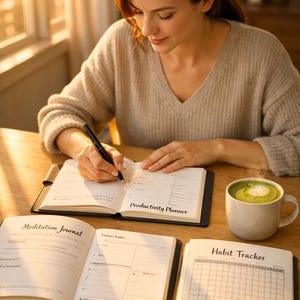Può includere: Una persona scrive su un diario di pianificazione della produttività, con un diario di meditazione e un tracker delle abitudini nelle vicinanze. Una tazza di matcha latte verde è sul tavolo. I diari sono aperti su un tavolo di legno, illuminato dalla luce solare.