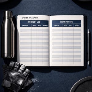 Op de afbeelding: Een fitness-thema afbeelding met een workout logboek, een roestvrijstalen waterfles, een paar zwarte trainingshandschoenen, een pen en twee 20 kg gewichtplaten. Het workout logboek is open en toont de woorden "SPORT TRACKER" en "WORKOUT LOG".