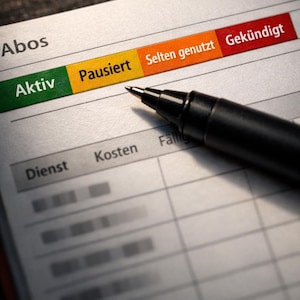 Peut inclure: Gros plan sur une page de carnet avec les mots allemands "Aktiv", "Pausiert", "Selten genutzt" et "Gekündigt" en vert, jaune, orange et rouge. Un stylo noir est posé sur la page.