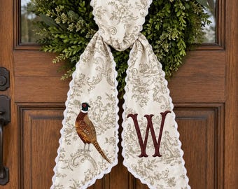 Personalized Pheasant Wreath Sash, Neutral Toile Monogram Sash, Custom Hunting Fall Wreath Bow, Thanksgiving Hostess Gift, Harvest Decor