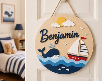 Personalized Nautical Name Sign, Custom Ocean Nursery Door Hanger, Whale Sailboat Wall Decor, Boys Room Decor, Round Wood Baby Gift Ocean