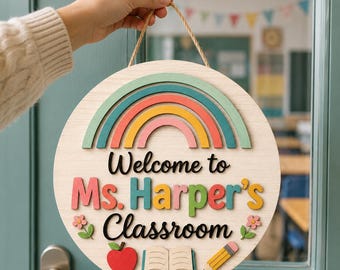 Personalized Rainbow Teacher Door Sign, Custom Classroom Name Sign, Rainbow Classroom Decor, Teacher Appreciation Back to School Door Hanger