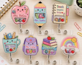 Personalized Teacher Shaker Badge Reel, Custom Name Acrylic ID Holder, Cute School Supplies Badge Clip, Teacher Gift, Back To School Gift