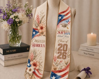 Personalized Puerto Rican Flag Graduation Stole Satin, Class of 2026 Sash, Custom Name Grad Stole, Hispanic Graduation Gift Graduation Stole