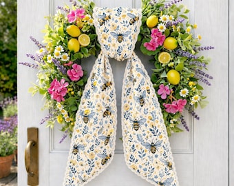 Bee Wreath Sash with Scalloped Lace Edge, Embroidered Bee Door Bow, Spring Summer Front Door Decor, Farmhouse Wreath Accent Gift