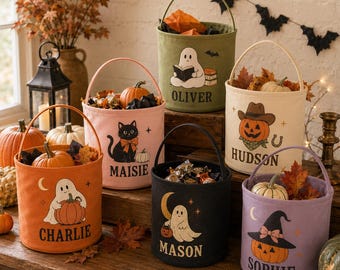 Personalized Halloween Basket, Custom Name Trick or Treat Bag, Kids Halloween Candy Bucket, Ghost Pumpkin Basket, Halloween Gift for Kids