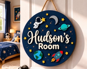 Personalized Space Name Sign, Custom Kids Room Door Hanger, Astronaut Rocket Nursery Wall Decor, Boys Bedroom Gift, Round Wood Sign Boy