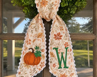 Personalized Fall Wreath Sash, Pumpkin Monogram Door Bow, Autumn Floral Wreath Bow, Custom Initial Porch Decor, Thanksgiving Decor Halloween