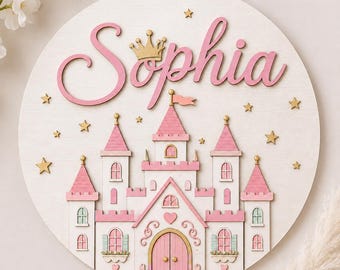 Personalized Princess Castle Door Sign, Custom Wooden Name Sign for Girls Room, Fairy Tale Nursery Wall Decor, Kids Bedroom Hanging Birthday