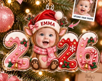 Personalized Baby Photo Christmas Ornament 2026, Custom Name Reindeer Ornament, Baby First Christmas Gift, Newborn Photo Holiday Keepsake