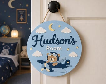 Personalized Kids Room Wood Sign, Custom Airplane Door Hanger, Teddy Bear Name Sign, Baby Boy Nursery Decor, Round Wall Art, Kids Room Gift