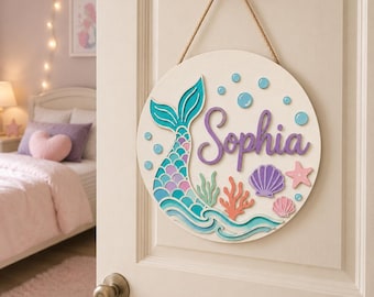 Personalized Mermaid Tail Name Sign, Custom Girls Room Door Hanger, Under The Sea Nursery Wall Decor, Ocean Baby Gift, Round Wood Sign