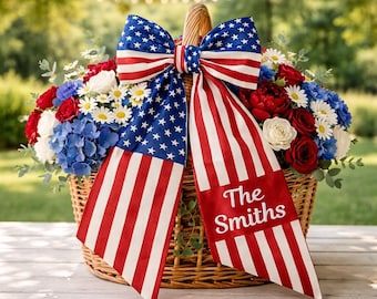 Personalized Patriotic Wreath Sash, Custom American Flag Bow Sash, 4th of July Door Decor, Independence Day Wreath Ribbon