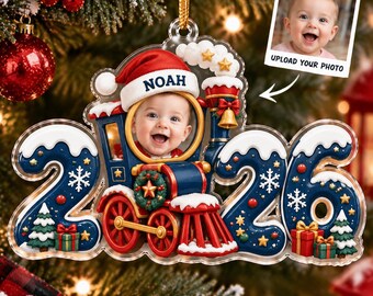 Personalized Baby Photo Christmas Ornament 2026, Custom Name Train Ornament, Baby First Christmas Gift, Newborn Photo Holiday Keepsake