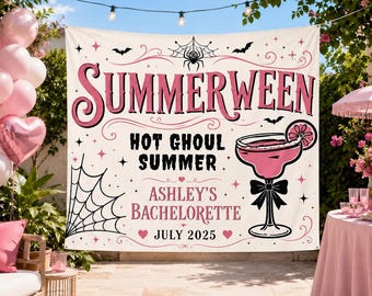 Personalized Summerween Bachelorette Banner, Custom Halloween Beach Party Tapestry, Hot Ghoul Summer Bridal Shower Backdrop Halloween Gift