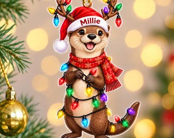 Personalized Otter Christmas Ornament, Custom Name Otter Ornament, 2D Flat Woodland Animal Xmas Decor, Otter Lover Gift, Holiday Keepsake
