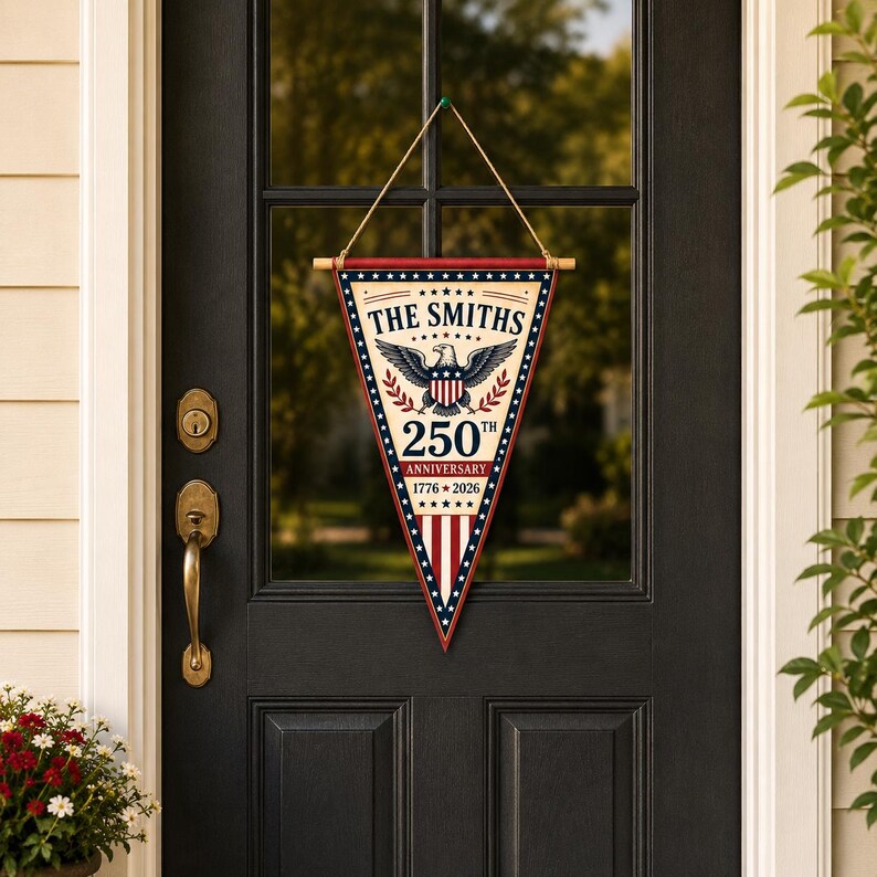 May include: A triangular pennant hanging from a wooden dowel with a string. The design features a bald eagle, the text THE SMITHS, 250TH ANNIVERSARY, and 1776-2026. The color scheme is red, white, and blue with a star-patterned border and vertical stripes.