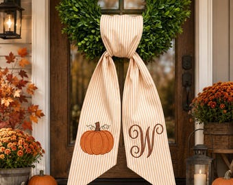 Personalized Pumpkin Wreath Sash, Fall Monogram Door Bow, Embroidered Autumn Wreath Ribbon, Custom Initial Thanksgiving Front Door Decor