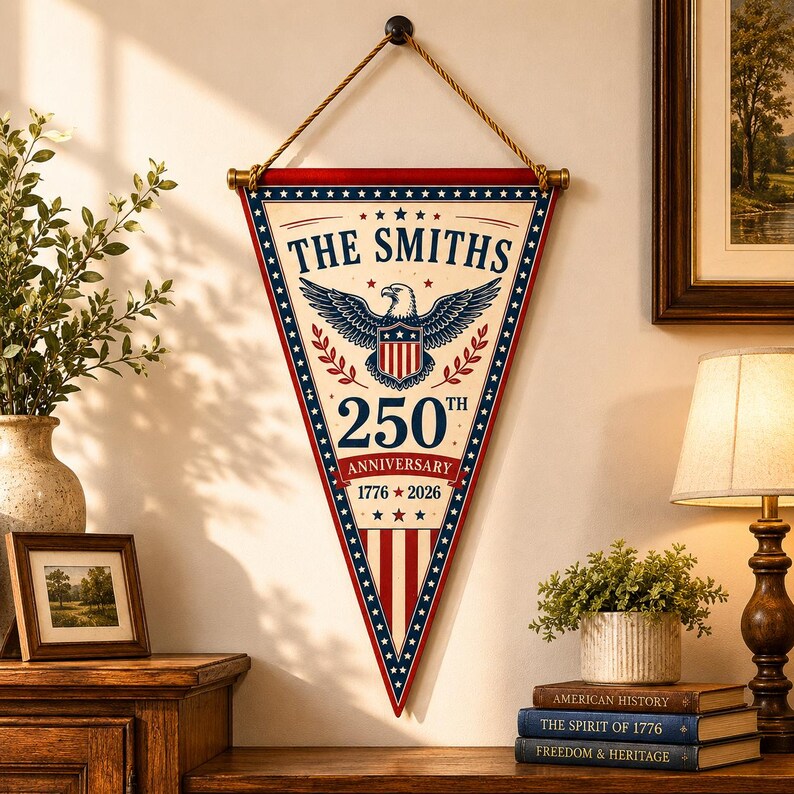 May include: A triangular wall pennant featuring a cream background with red and blue borders. It displays a bald eagle graphic, the text THE SMITHS, 250TH ANNIVERSARY, and 1776-2026. The pennant hangs from a wooden rod with a thick twisted rope cord.