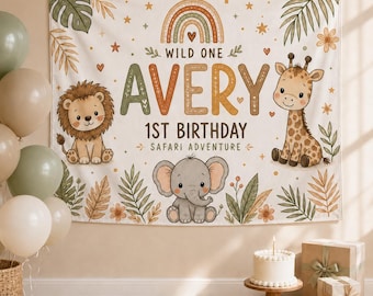 Personalized Wild One Birthday Backdrop, Safari 1st Birthday Banner, Custom Name Jungle Tapestry, Boho Animal Party Photo Booth Wall Decor