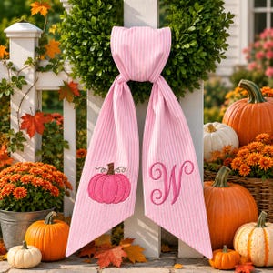 Personalized Pink Pumpkin Wreath Sash, Fall Monogram Door Bow, Embroidered Autumn Ribbon, Custom Initial Thanksgiving Decor Halloween