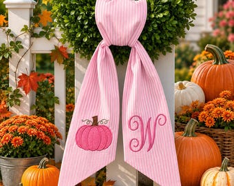 Personalized Pink Pumpkin Wreath Sash, Fall Monogram Door Bow, Embroidered Autumn Ribbon, Custom Initial Thanksgiving Decor Halloween