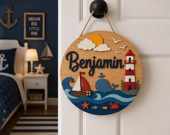 Personalized Ocean Nautical Name Sign, Custom Kids Room Door Hanger, Whale Lighthouse Nursery Wall Decor, Ocean Baby Gift, Round Wood Sign