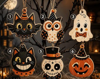 Halloween Vintage Wood Ornament, Spooky Cat Ghost Pumpkin Skull Hanging Decor, 2D Flat Halloween Tree Ornament, Vintage Rustic Fall Decor